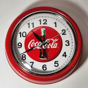 Coca-Cola Wall Clock 9" Retro Diner Style Red Metal Round Tested & Working 1 AA - Picture 1 of 9