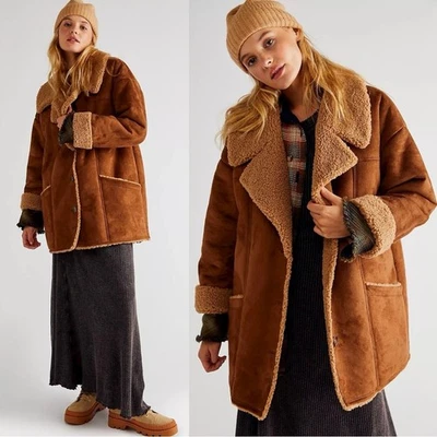 Abrigo Free People Western Bohemio Retro Años 70 Invierno Imitación Sherpa Gamuza Diogo Pequeño Foto 1 de 4