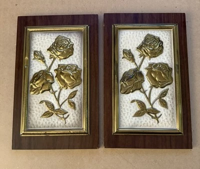 Vintage MCM Set Of Floral Brass Wall Plaque Gold Rose  Wall Art Wall Hangings - Image 1 of 4
