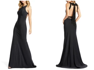 Vestido IEENA MAC DUGGAL Negro Lazo Espalda Cuello Alto Elastizado Crepé Trompeta 0 XS - Imagen 1 de 2