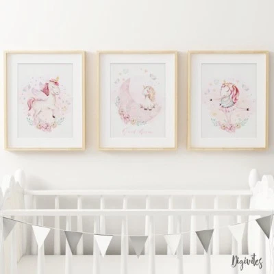DIGIVITES Baby, Girl Nursery Bedroom Wall Art decor Set of three Stunning Unicorn Prints.