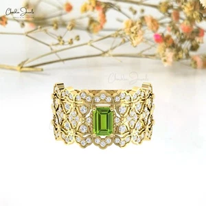 Natural Peridot Women Ring 14k Solid Gold 0.65 CTW Diamond Cocktail Wedding Ring - Picture 1 of 26