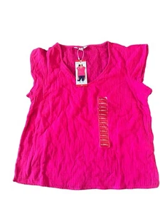 Three Dots Women's Short Sleeve V-Neck Double Layer Gauze Fuchsia XS - Picture 1 of 4