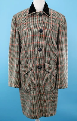 VTG Women's 40s Cream Black & Red Plaid Tweed Coat W/ Velvet Collar Sz S/M 1940s - Image 1 of 4