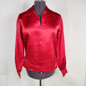 Blusa vintage roja satinada manga larga cuello en V cuello para mujer M - Imagen 1 de 10