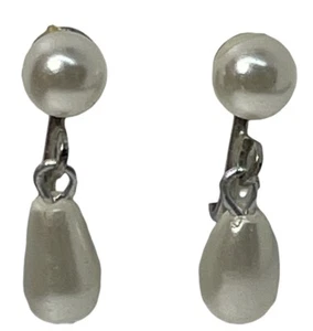Vintage Faux White Pearl Clip On Earings Dangling - Picture 1 of 5