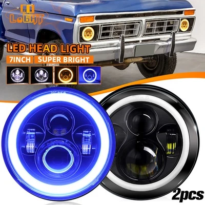 Пара светодиодных фар 7 дюймов для пикапа Ford F-100 F-250 F-350 1953-1977 годов выпуска синие дневные ходовые огни Halo - Изображение 1 из 4