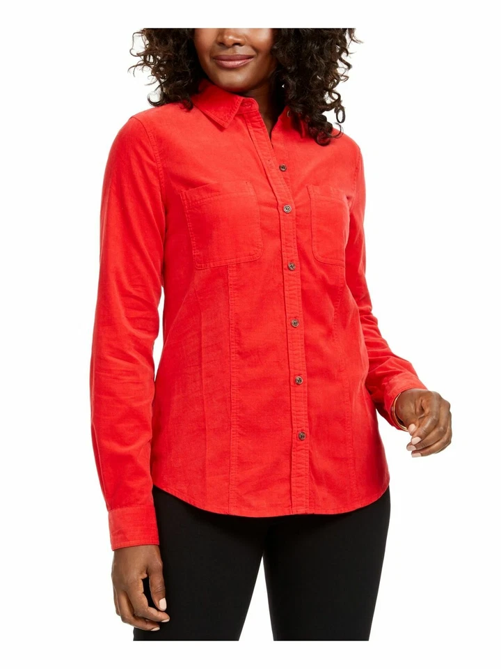 Charter Club Womens Red Pocketed Corduroy Button up Top Size XL B23b4