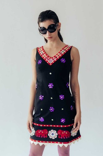 Abito MOSCHINO italiano paillettes elefante fiore applica nero IT 44 USA 10