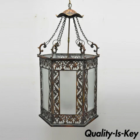 Art Nouveau Slag Glass Hexagonal Gilt Metal Pendant Light Chandelier Fixture Cover