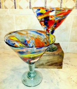 Set 2 Handblown Margarita Glasses~Azteca Designs Art Mexico~Swirls, Bubbles - Picture 1 of 12