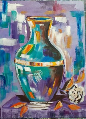 Abstract Still Life – “Echoes in Teal” Vibrant Vase Artwork 9” x 12” Acrylic Pa - image 1 of 4