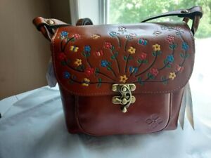Patricia Nash Leather Leandra Flap Tan Flower Print Crossbody Handbag Purse