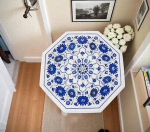 30" Elegant White Marble Coffee Table Lapis Stone Pietra Dura Arts Home Decors - Picture 1 of 8