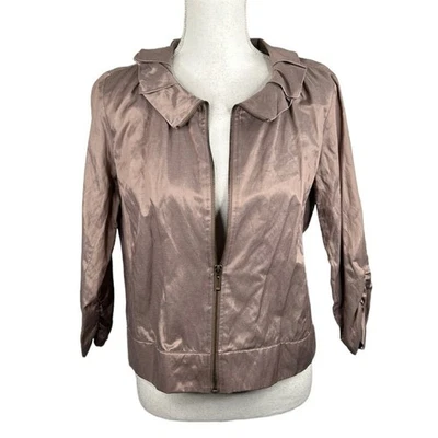 Ruby Rd. Tan Metallic Ruffle Neck 3/4 Sleeve Zip Down Lightweight Jacket Size 8 - Image 1 of 4