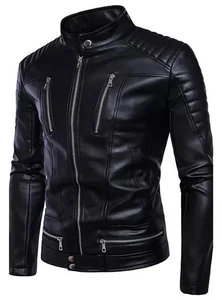 Mens Fall Stand Collar 100% Genuine Leather Jacket Shoulder Quilted Biker Jacket - Bild 1 von 5