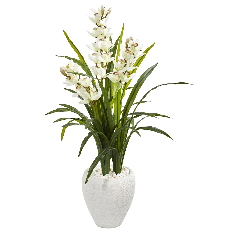 Nearly Natural 4’ Cymbidium Orchid Artificial Plant In White Planter Home Decor - Image 1 of 1