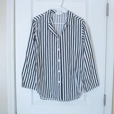 复古 Mod 极简主义条纹纽扣衬衫黑色白色垂直长袖 10 — 第 1/4 张图片