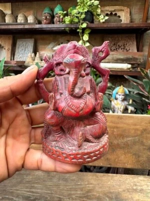 Antigua figura pintada roja tallada a mano de madera rara de 1800 Dios Ganesha 3,5x2" Foto 1 de 4