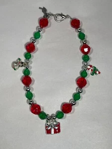 Christmas Dog Necklace Handmade Red & Green Beads with Holiday Charms Gift - Picture 1 of 6