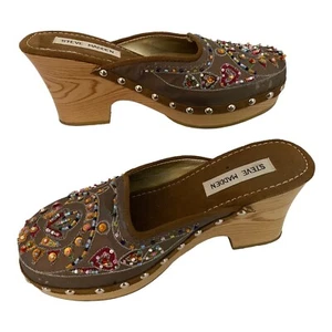 Steve Madden Firey Beaded Western Mule Sandals Size 6 Slip On Wedge Wooden Clog - Picture 1 of 16