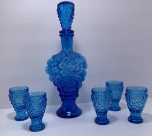 Vintage Cobalt Blue Grapes Glass Decanter w/ Stopper & 5 Glasses - Picture 1 of 12
