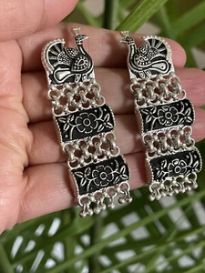 Indian Ethnic Traditional Bollywood Design Silver Oxidized Indian Long Earrings - Picture 1 of 3