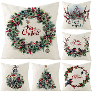 18'' Merry Christmas Cushion Cover Flower Pillow Case Cotton Linen Sofa Cushions