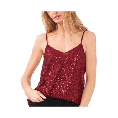 Camiseta sin mangas 1.STATE Cami talla XS rojo granate insertado lentejuelas malla camisola semi transparente Foto 1 de 3