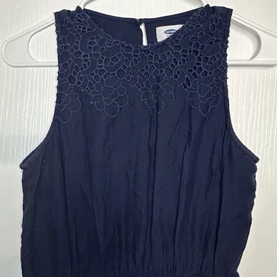 Antiguo Vestido Azul Marino Azul Marino Sin Mangas Forrado Crochet Encaje Ribete Niñas XXL 16 Foto 1 de 4