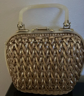 复古柳条编织钱包手提包 Lucite 手柄 Stylecraft 50 年代 60 年代 — 第 1/4 张图片