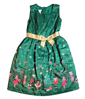 Bonnie Jean Green Nutcracker-Themed Holiday Dress Gold Bow Lined Size 14 - Image 1 of 4