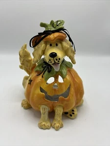 Ceramic Halloween Pumpkin Dog Golden Retriever Tea Light 7.5” Candle Holder - Picture 1 of 13