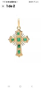 Solid 18K Gold Antique Genuine Emerald Cross Pendant