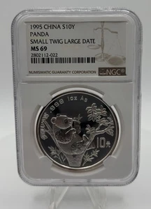 1995 Small Twig Large Date Graded NGC MS69  China silver panda coin, 10y,  1oz. - Picture 1 of 2