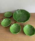 Saladier Et 4 Bols/Coupelles Feuille De Chou Vert en Barbotine Service Vintage
