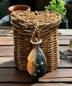 Creel Fish Basket Cruel Wicker Collectible Ornament Brown Rustic Country Bouquet - Picture 1 of 14