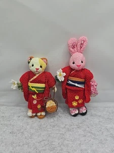 Rare Japanese Bunny Rabbit & Kitty Cat Keychains In Kimono Handmade From Japan - Picture 1 of 13