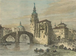 BILBAO - Spanien - Brücke und Kirche von San Antonio - San Antón, Holzstich 1878 - Bild 1 von 2