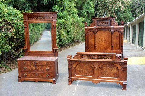 Fabulous Heavily Burled Walnut Victorian Eastlake Marble Top Bedroom Set Ca.1880 Cover