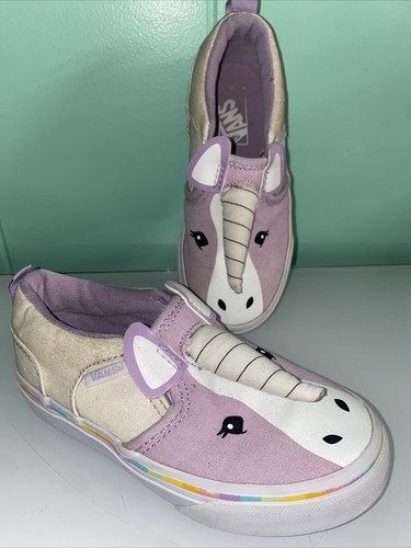 Scarpe da ginnastica unicorno Vans slip on glitter per bambina taglia 11 viola bianche arcobaleno