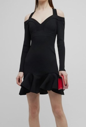 Mini abito da donna nero Alexander McQueen $2590 lavorato a costine con arricciacapelli taglia S