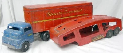 Vintage Structo Toys Pressed Steel Auto Transportation Truck Cab & 2 Trailers! - Image 1 of 4