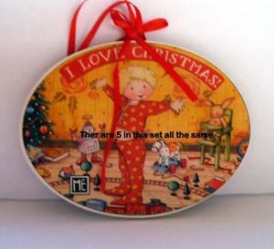 Vtg Mary Engelbreit Wooden Christmas Ornament Traditional Christmas 90s set of 5 - Picture 1 of 1