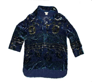 NEU - SUNDANCE Damen SAMTBLUSE MARINE/GOLD/GRÜN 3/4-ARM HIGH/LOW - Small - Bild 1 von 1