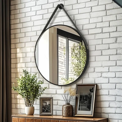 ARTLOGE Leather Strap Aluminum Wall Mirror Round Hanging Mirror Decorative Vanity Mirror