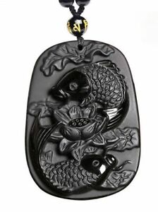 Natural Obsidian Pisces lotus fish koi necklace Amulet pendant with bead chain