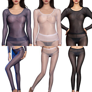 Long Sleeve Womens Tops or Pants Stretchy Glossy Tight Sheer
