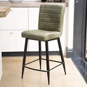 LEATHER BAR STOOL GREEN COUNTER STOOL BREAKFAST BAR STOOL RIBBED SEAT - Picture 1 of 12