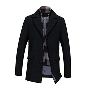 Men's Wool Blend Pea Coat Warm Winter Trench Coat with Medium 01 Black - Picture 1 of 7